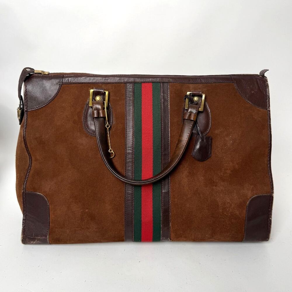 Gucci Vintage Brown Town Suede Web Carry On Top Handle Tote with Gold tone charm